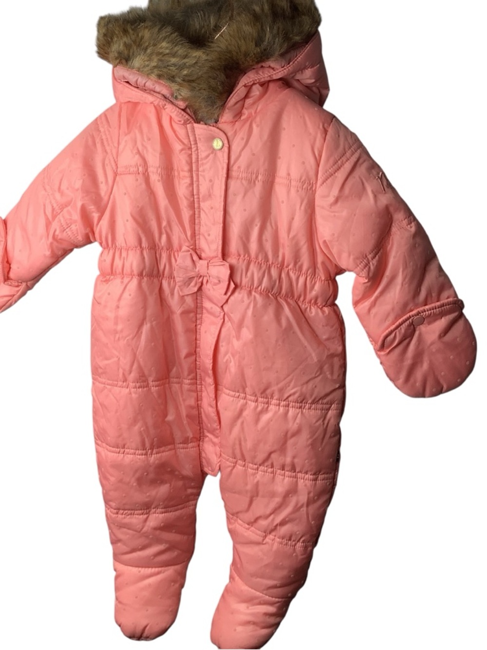 Nautica Pink Hooded Baby One-Piece Snowsuit with detachable Faux Fur Trim